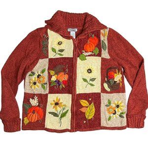 Vintage 90s Orange Sunflower Pumpkin Fall Knit Zip Up Cardigan Sweater